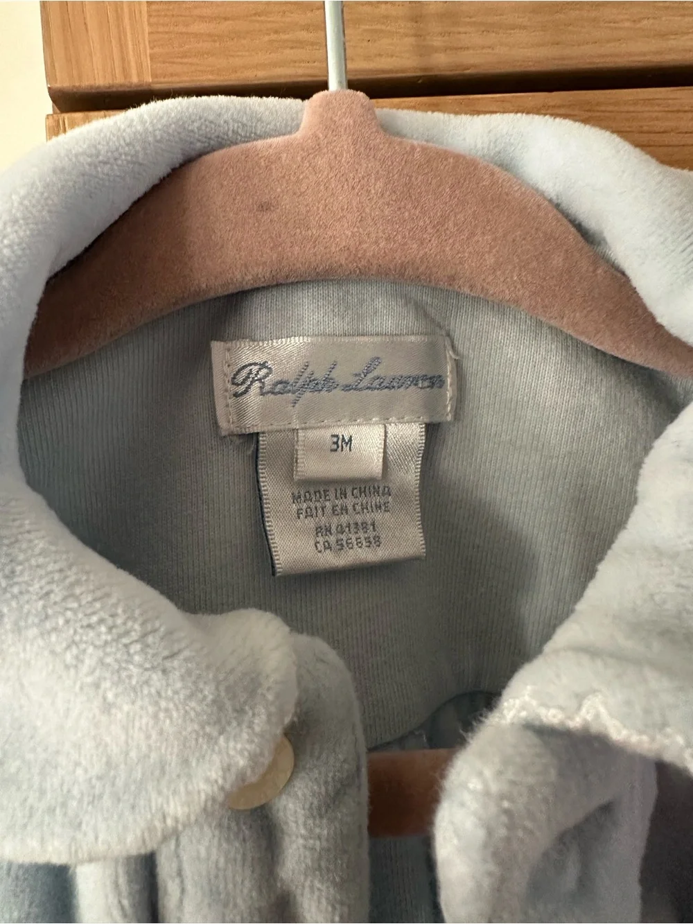 Ralph Lauren Baby Girl Velour Footed Romper, Light Blue, 3 months